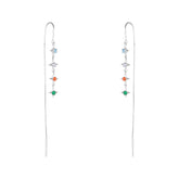 Multicolour Star Drop Sterling Silver Chain Threader Earrings - Pair