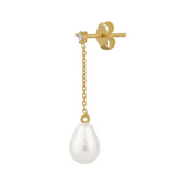 A single earring with a gold chain, a real pearl drop, and a small lab grown diamond attached to the top.