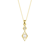 A sterling silver necklace with a gold-tone rhombus pendant containing a pearl, suspended on a gold-tone chain.
