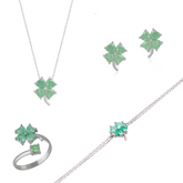 Best of Luck Four Leaves Clover Sterling Silver Bracelet Necklace Ring and Stud Earrings Full Set