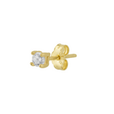 A single 3mm diamond stud earring set in a gold mounting, with a clear, colorless diamond encased in a gold setting.