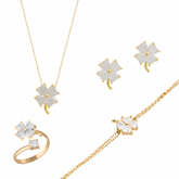 Best of Luck Four Leaves Clover Sterling Silver Bracelet Necklace Ring and Stud Earring Set - White Full Set