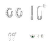 Sterling Silver Safety Pin Stud Croissant Ear Cuff and Emerald Evil Eye Earrings Set - Pair