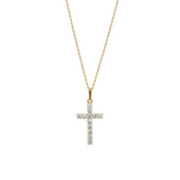 A 9ct gold necklace with a jewelled cross pendant, displayed on a white background.