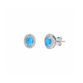 Sterling Silver Oval Blue Opal Halo Stud Earrings