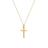 A 9ct gold cross pendant necklace on a plain background, highlighting the pendant's detailed craftsmanship.