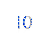 Enamel Blue Fine Stripe Sterling Silver Hoop Earrings With Multi Color Zirconia Interior