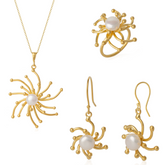 Pearl Sun Molten Dripping Sunburst Sterling Silver Complete Set Ring Necklace and Earrings