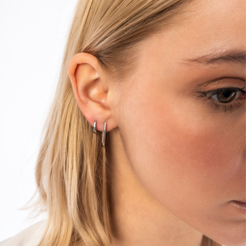 Oval Rectangular Sterling Silver Hoop Earrings