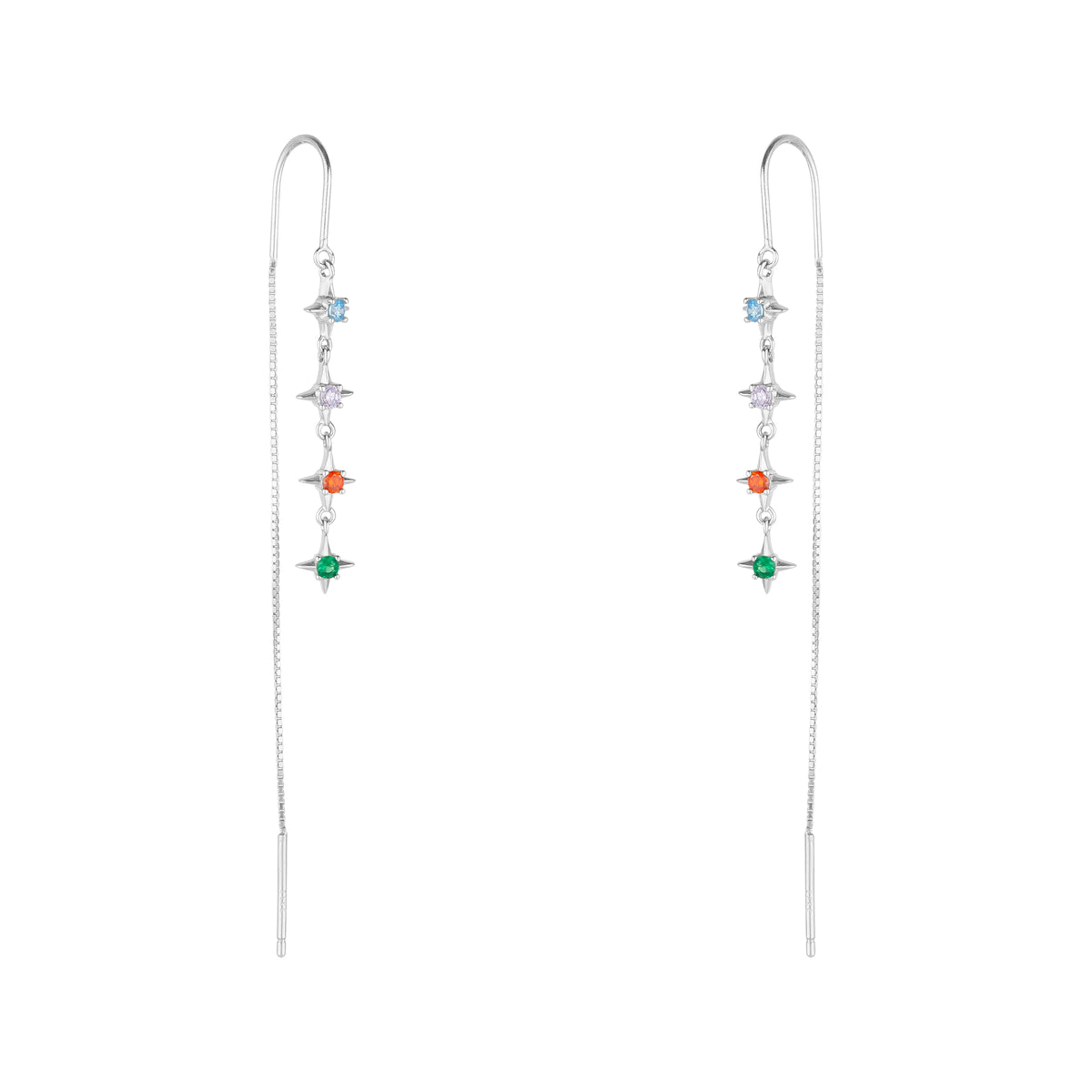 Multicolour Star Drop Sterling Silver Chain Threader Earrings - Pair
