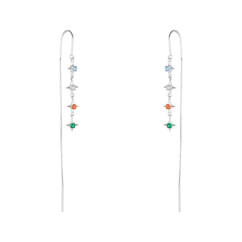 Multicolour Star Drop Sterling Silver Chain Threader Earrings - Pair