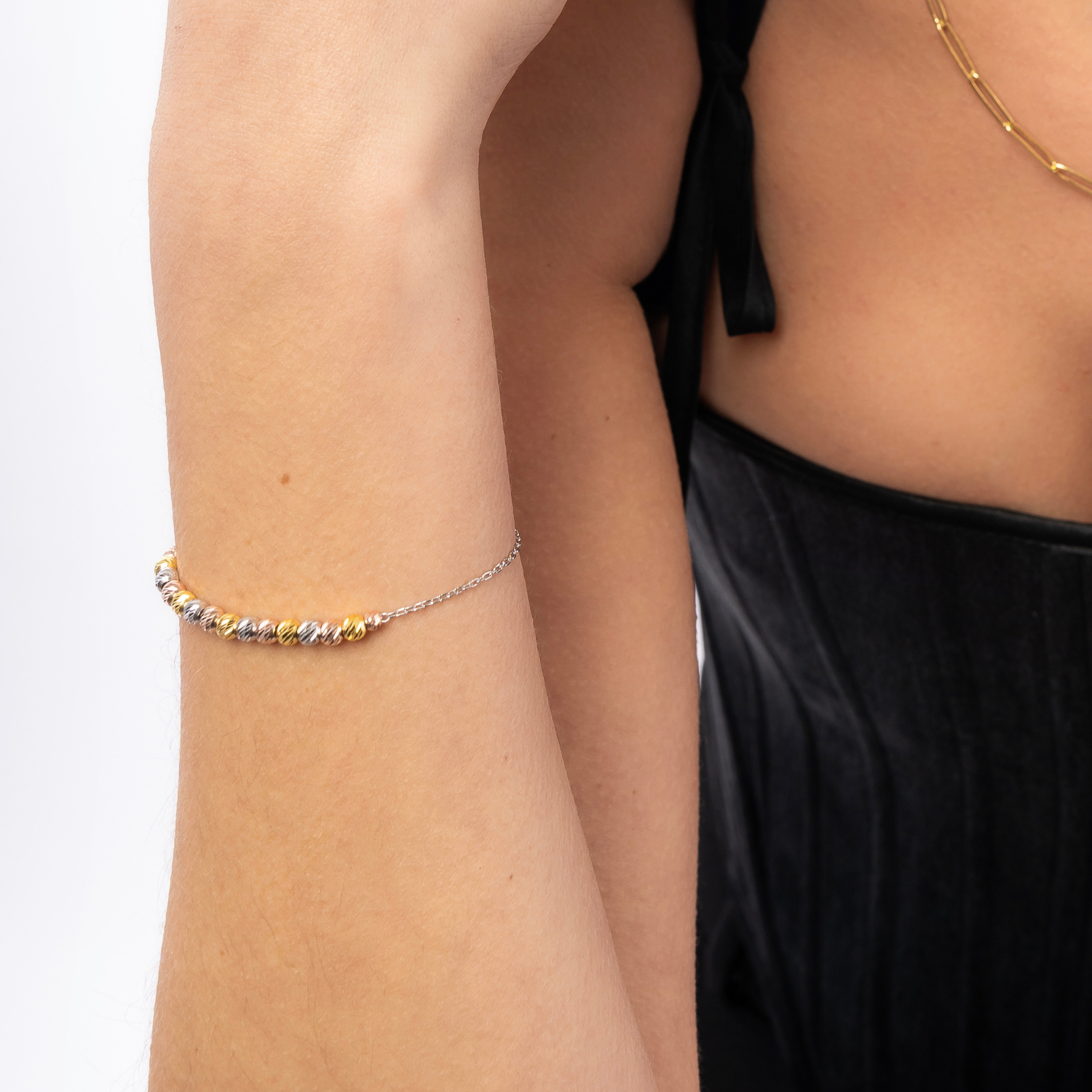Middle Beaded 3 Color Gold Rose Gold Sterling Silver Handmade Bracelet