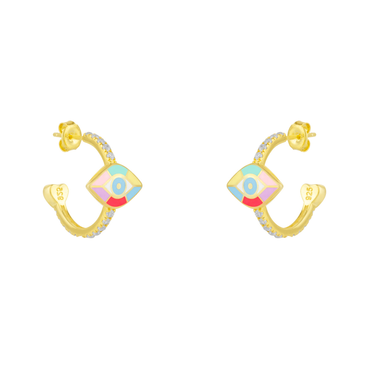 Evil Eye Rainbow Pave Sterling Silver Hoop Earrings