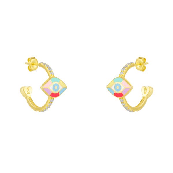 Evil Eye Rainbow Pave Sterling Hoop Earrings
