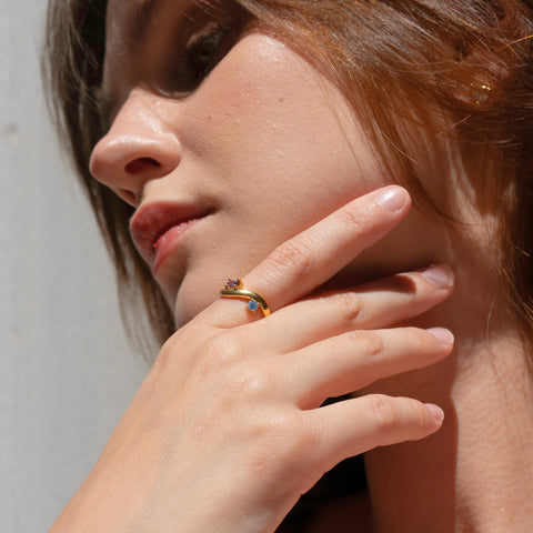 Bended Sterling Silver Double Gemstone Ring