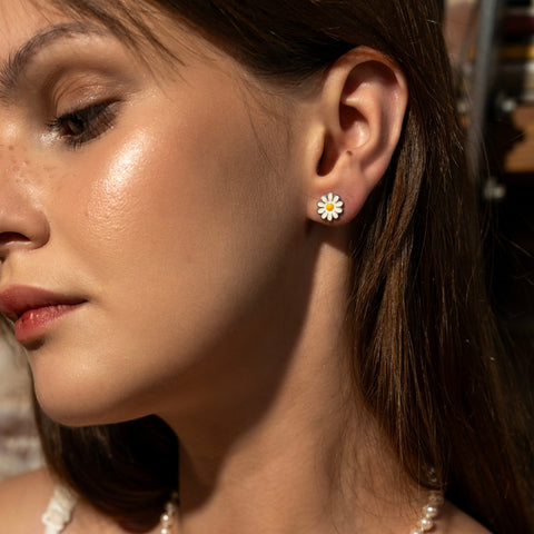 Enamel Daisy Stud Sterling Silver Earrings