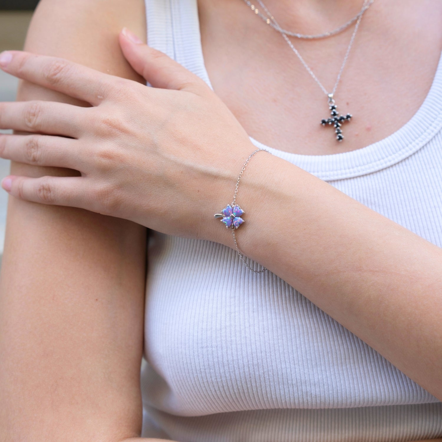 Purple Opal Clover Sterling Silver Bracelet