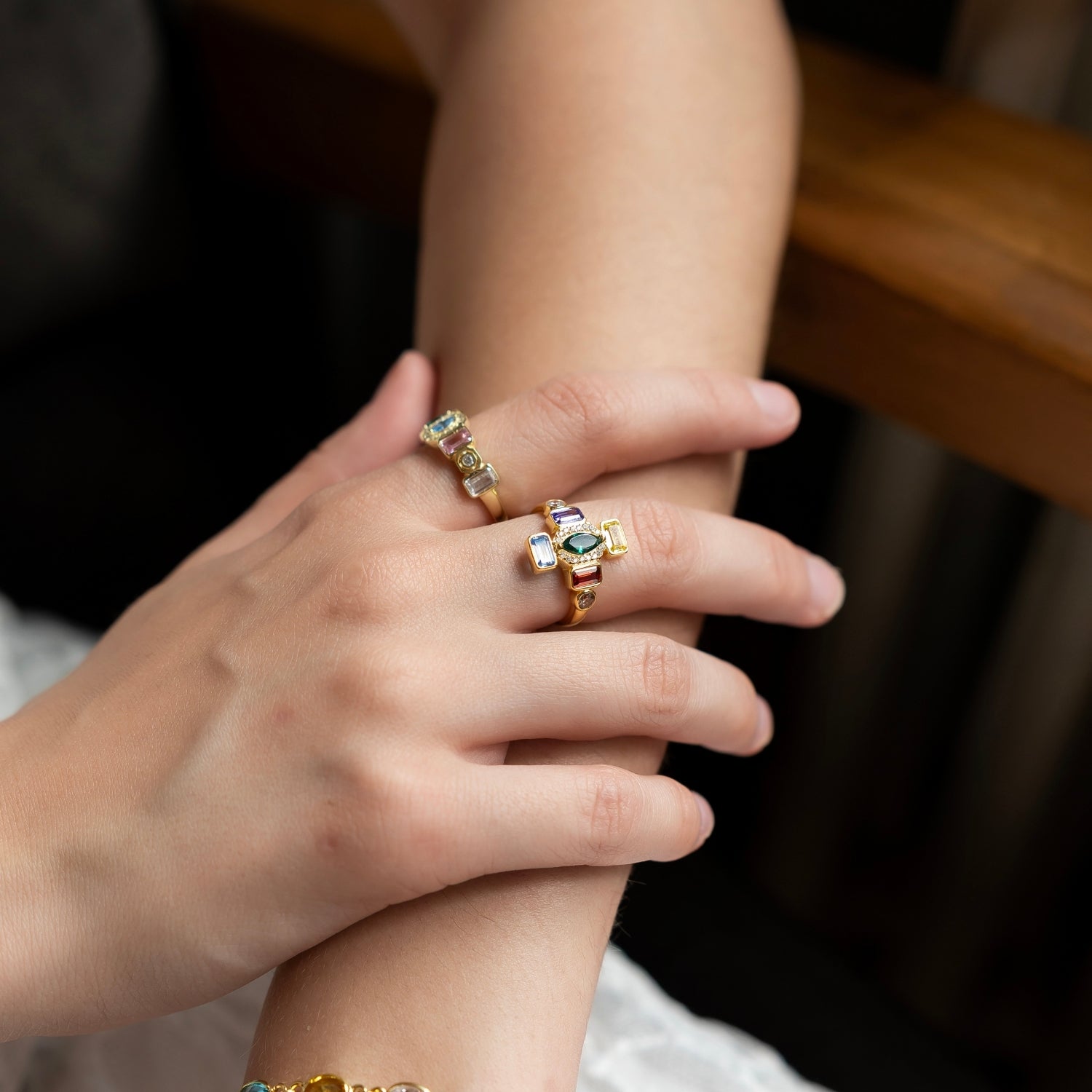Sterling Silver Multicolor Pave Baguette Ring