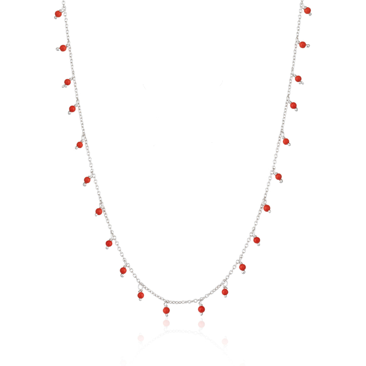 Red Coral Beaded Sterling Silver Chain Necklace