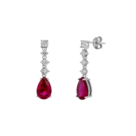 Ruby Red Pear Shape Cubic Zirconia Sterling Silver Drop Earrings