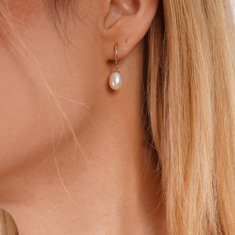 9ct Solid Gold Semi - Hoop Pearl Stud Earrings