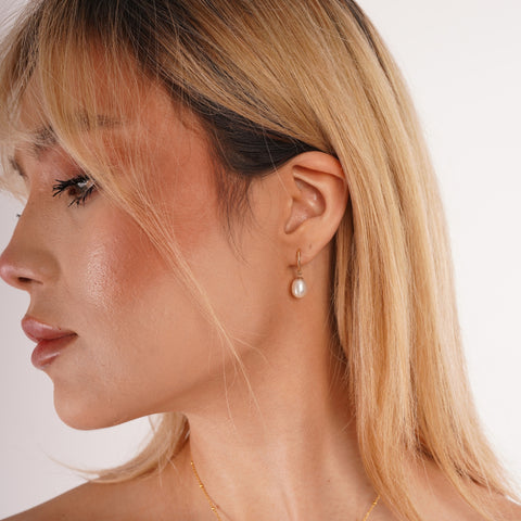 9ct Solid Gold Semi - Hoop Pearl Stud Earrings