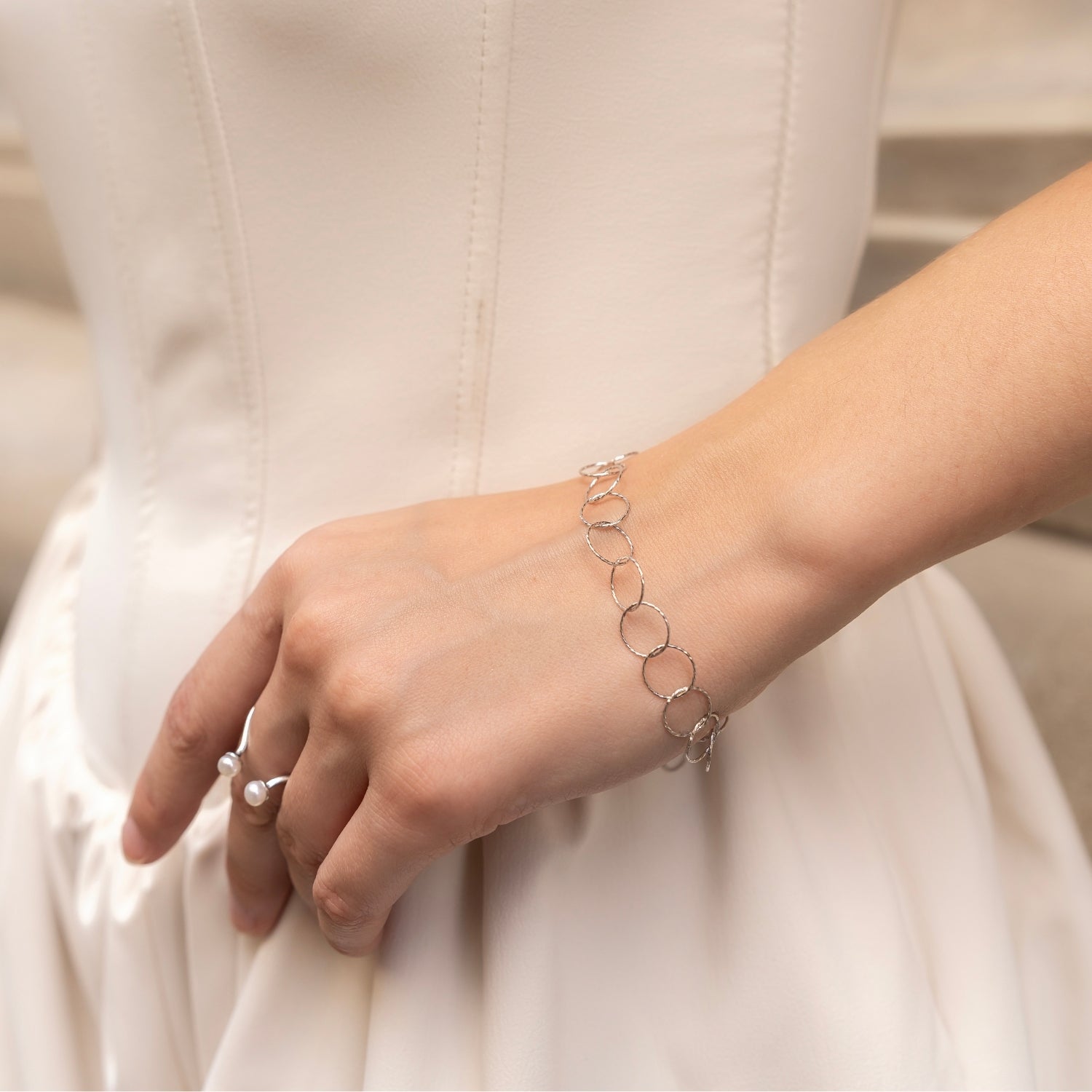 Textured Circle Hoops Sterling Silver Chain Bracelet