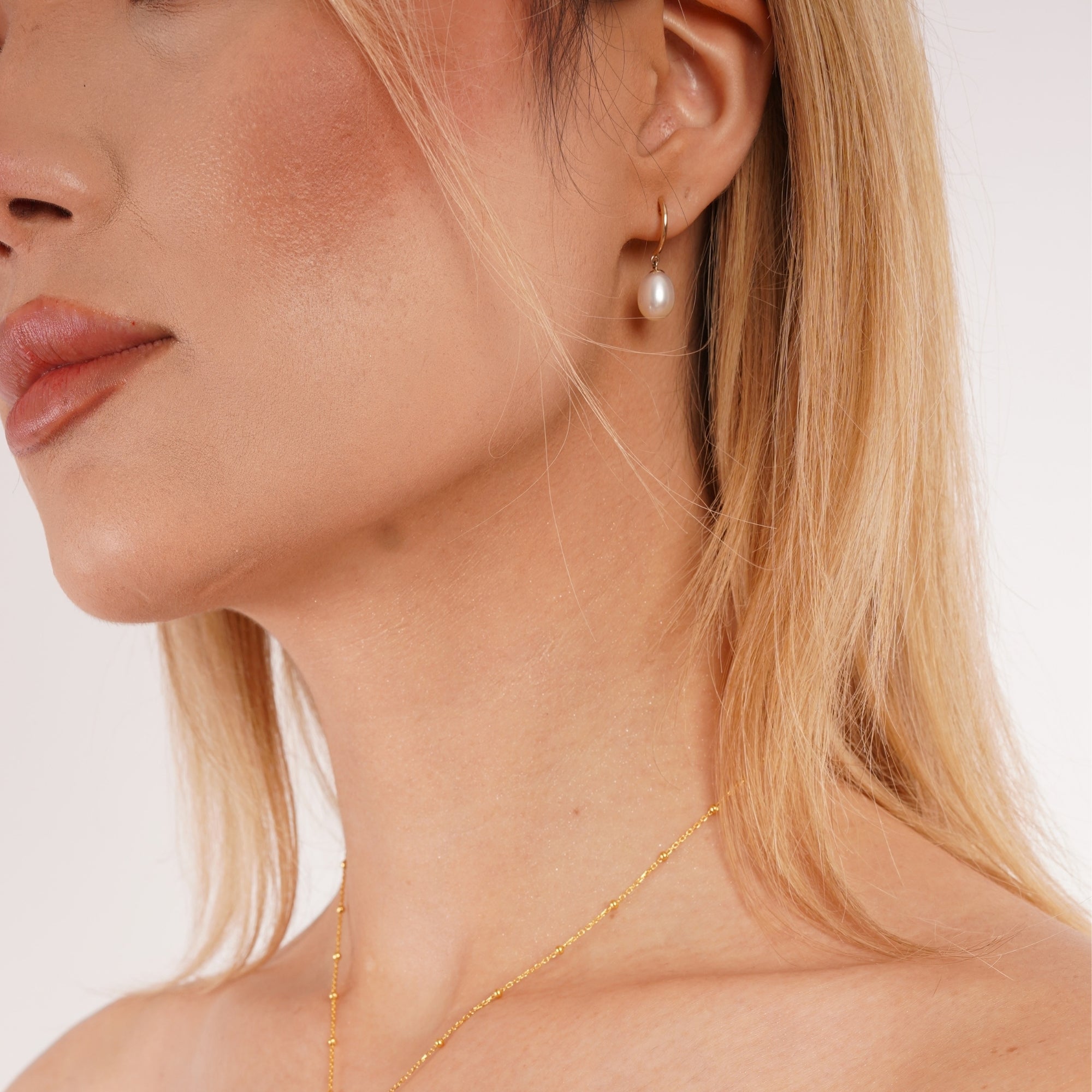 9ct Solid Gold Semi - Hoop Pearl Stud Earrings