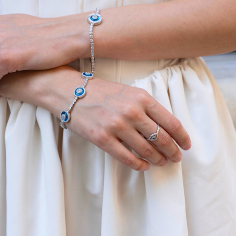 Round Bezel Evil Eye Sterling Silver Tennis Bracelet