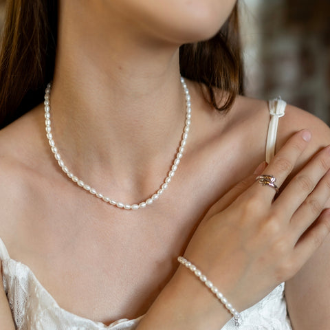 Natural Freshwater Real Seed Pearl Necklace and Bracelet Set