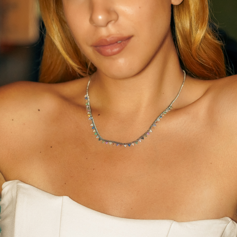 Colourful Rainbow Jewelled Triangle Sterling Silver Station Necklace
