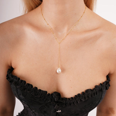 Sterling Silver Large Baroque Pearl Drop Beaded Chain Lariat Necklace