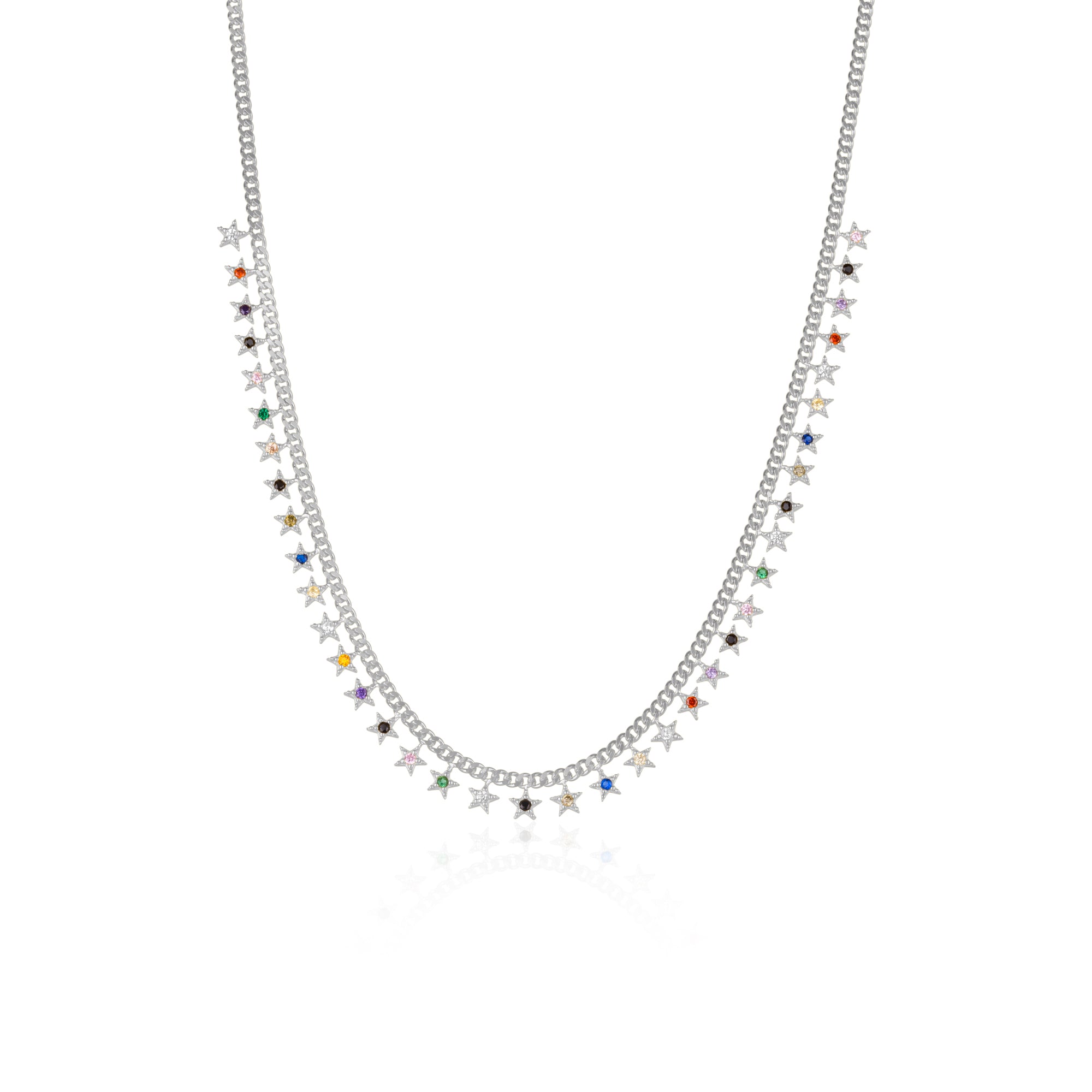 Rainbow Multiple Star Station Necklace Sterling Silver
