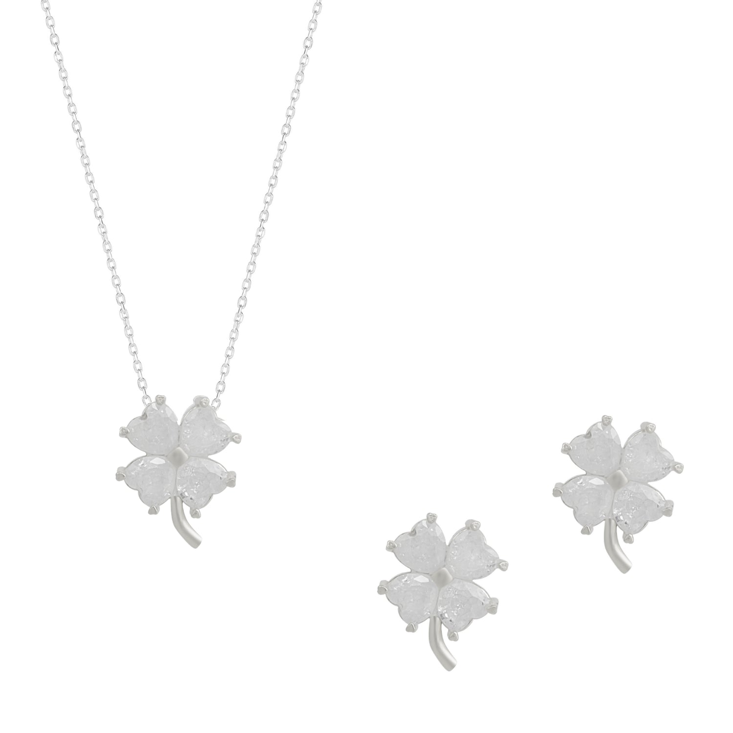 Four Leaf Clover Sterling Silver Necklace and Earring Set - White