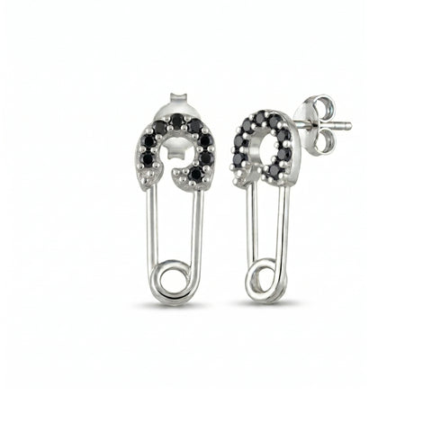 Sterling Silver Black Jewelled Mini Safety Pin Stud Earrings
