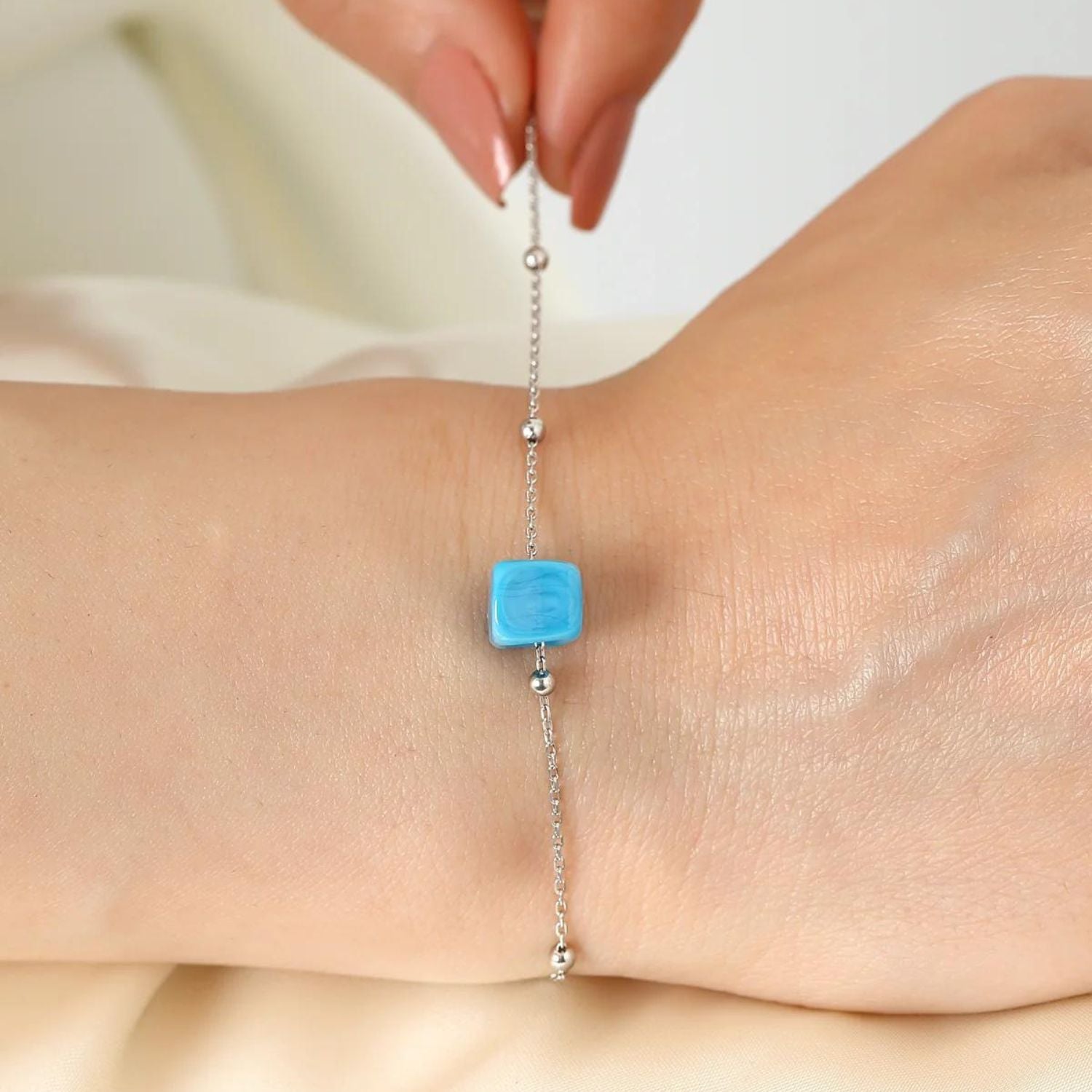 Sterling Silver Beaded Satellite Chain Bracelet With Turquoise Gemstone