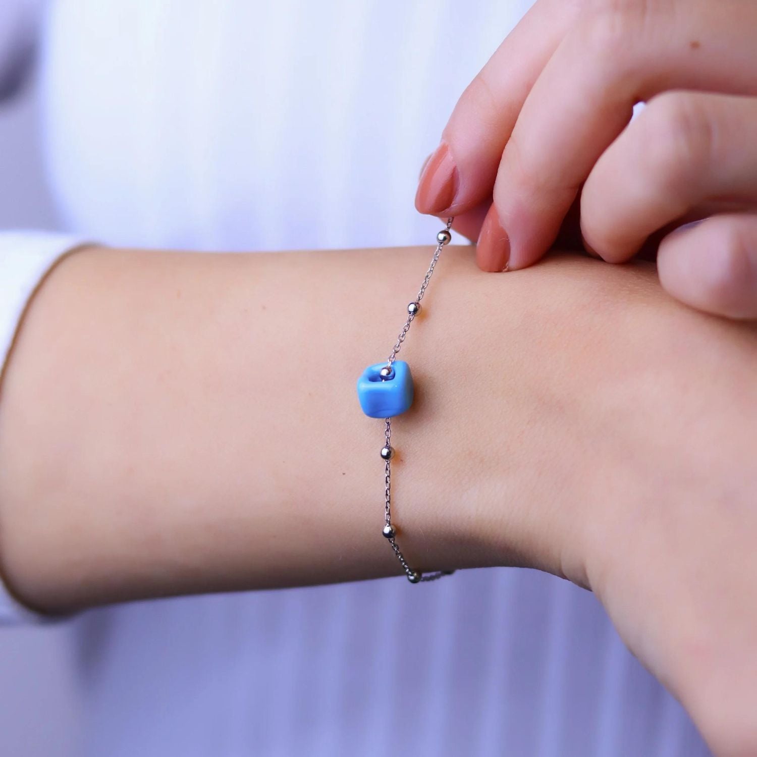 Sterling Silver Beaded Satellite Chain Bracelet With Turquoise Gemstone