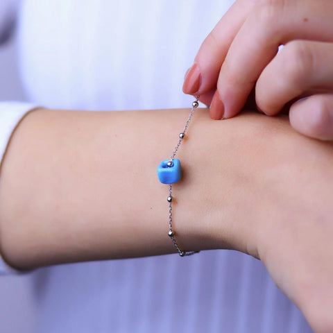 Sterling Silver Beaded Satellite Chain Bracelet With Turquoise Gemstone