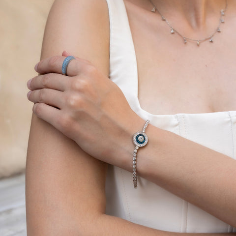 Round Bezel Evil Eye Sterling Silver Tennis Bracelet