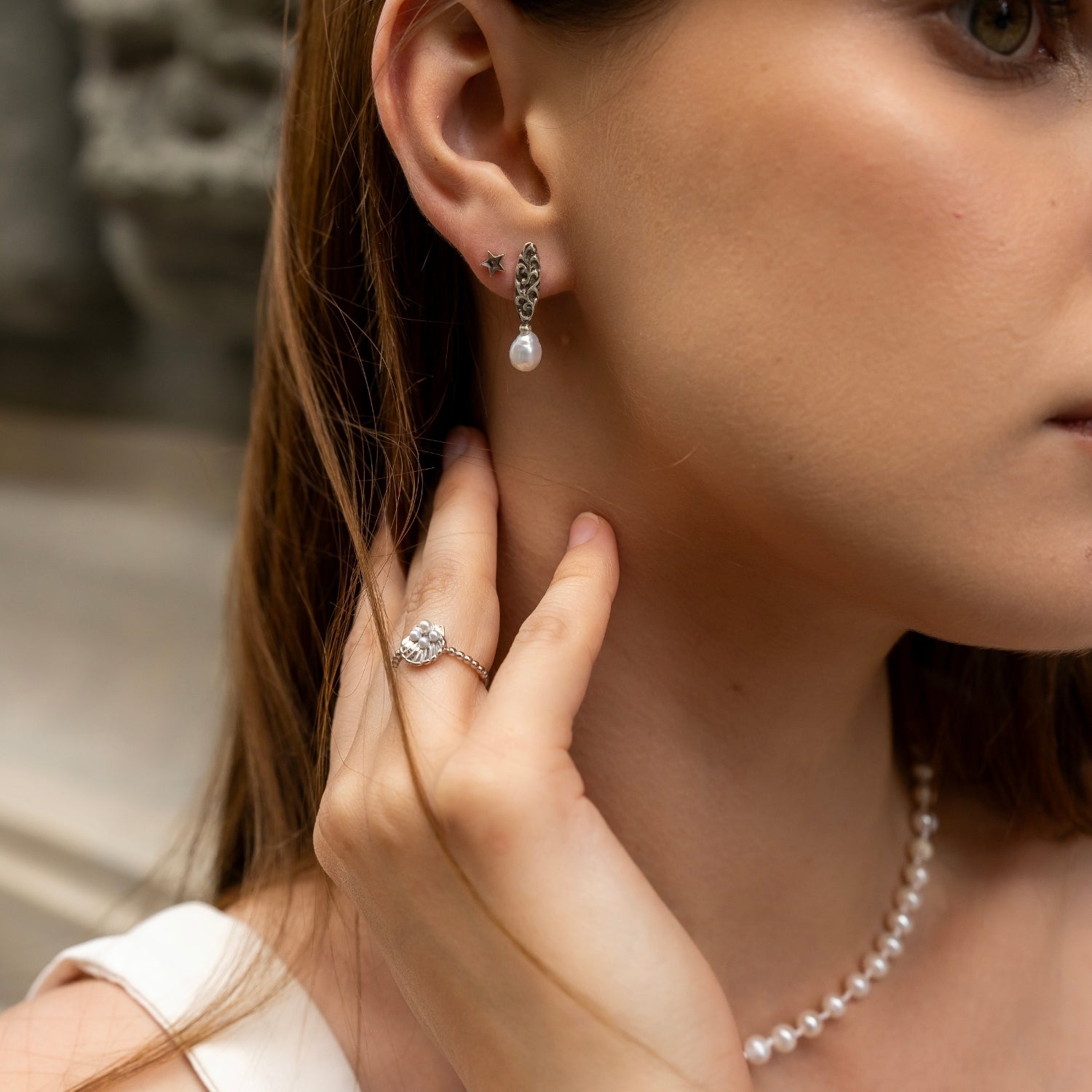 Drop Baroque Pearl Natural Textured Sterling Silver Authentic Earrings