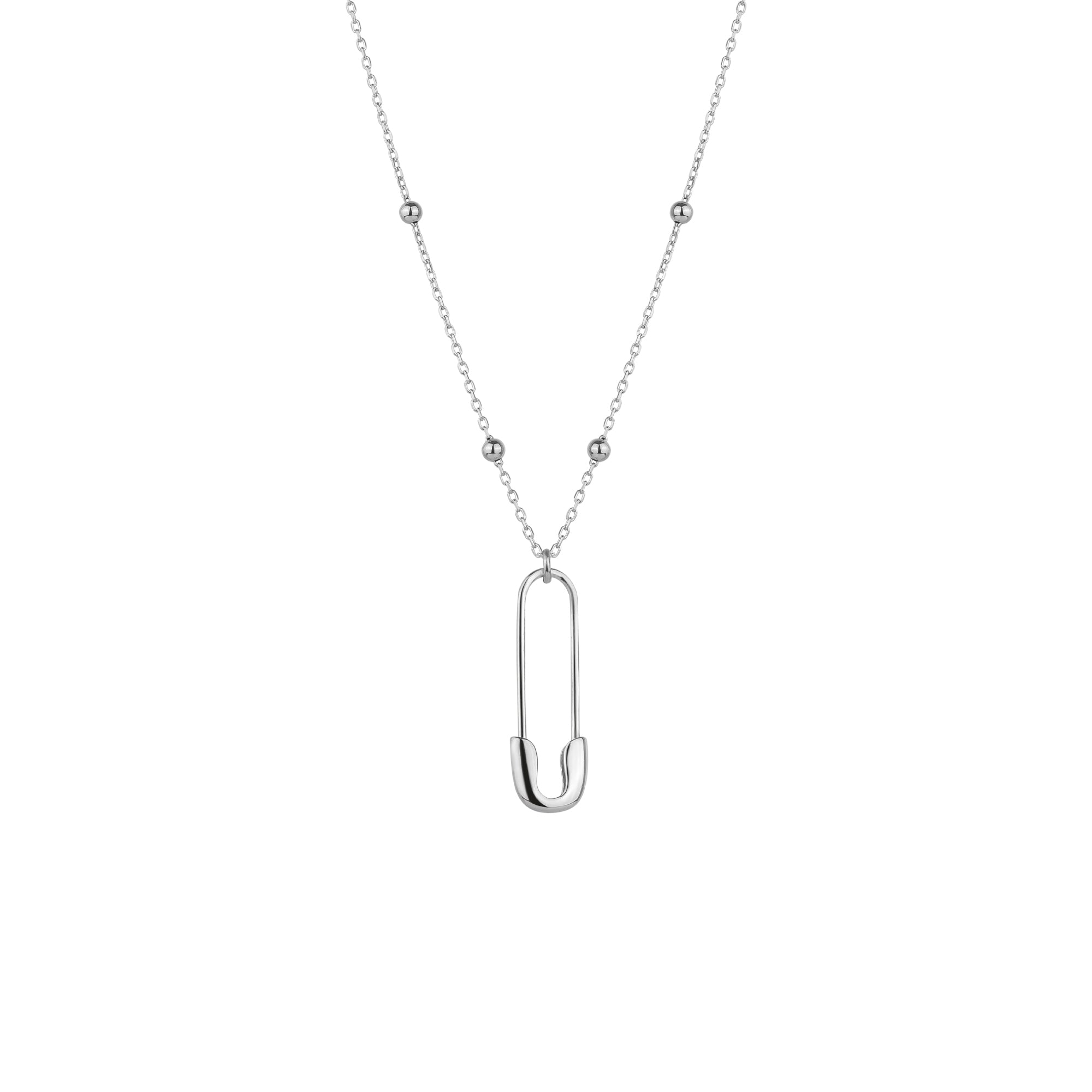 Sterling Silver Safety Pin Necklace With Beaded Satellite Chain