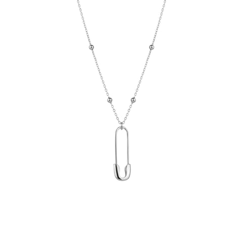 Sterling Silver Safety Pin Necklace With Beaded Satellite Chain