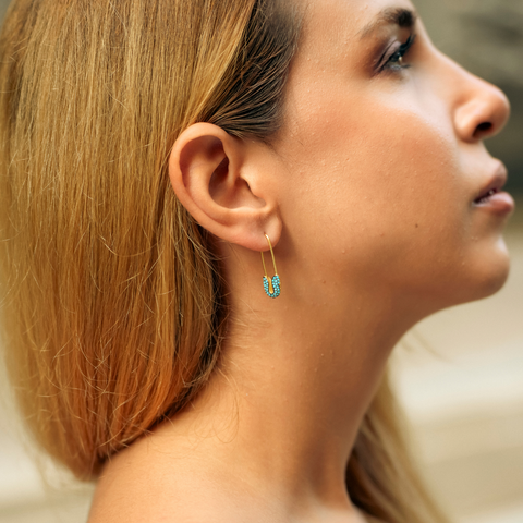 Turquoise Pave Safety Pin Earring Jewelled Sterling Silver