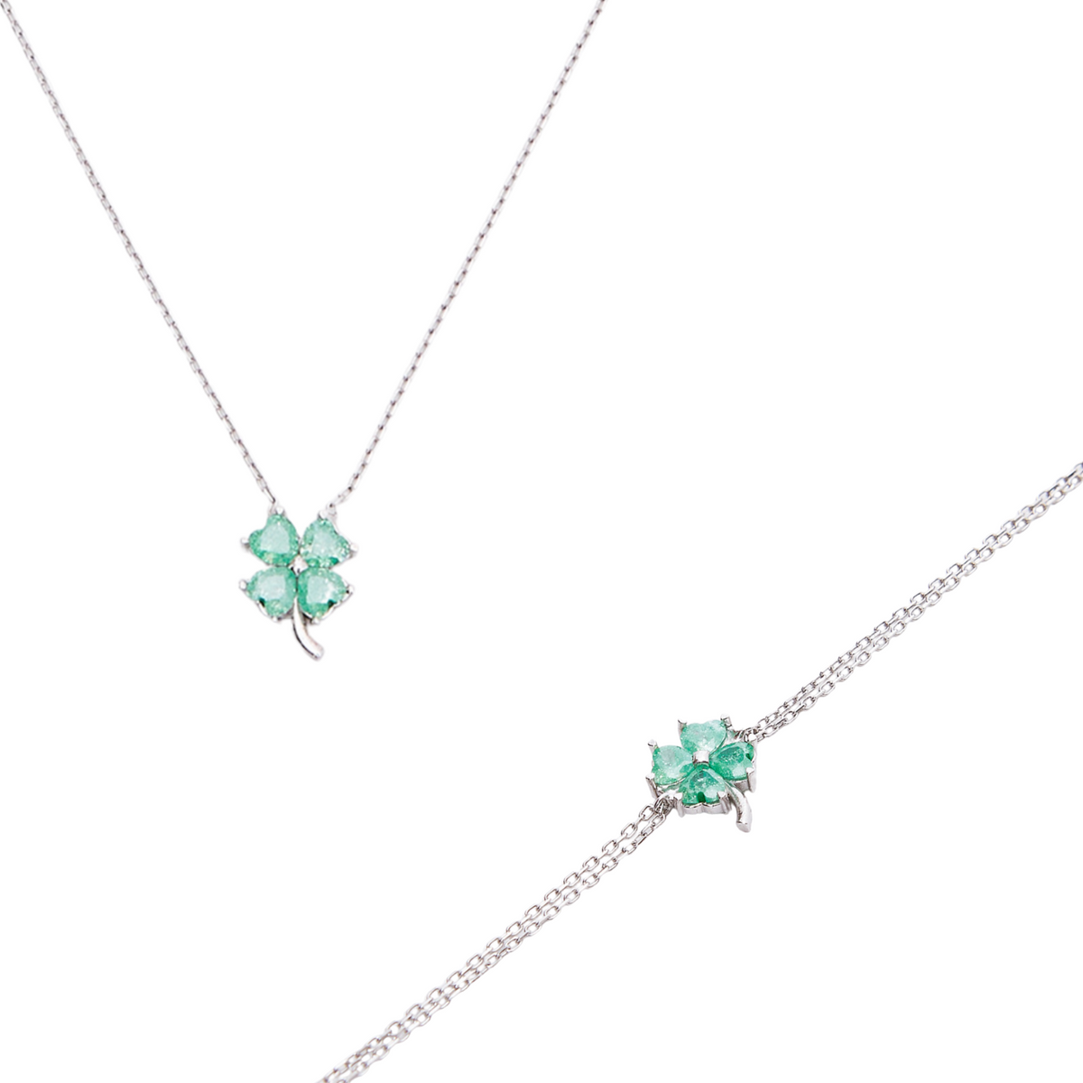 Four Leaves Clover Sterling Silver Bracelet and Necklace Set in Green