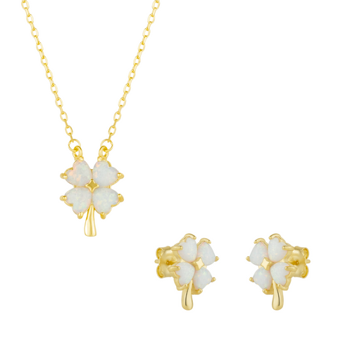 White Opal Four Leaf Clover Sterling Silver Necklace & Earring Set