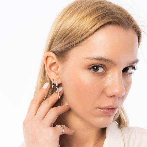 Full Pave Cross Drop Hoop Earring