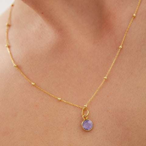 Amethyst Round Pendant Necklace With Beaded Chain in Sterling Silver