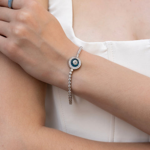 Round Bezel Evil Eye Sterling Silver Tennis Bracelet