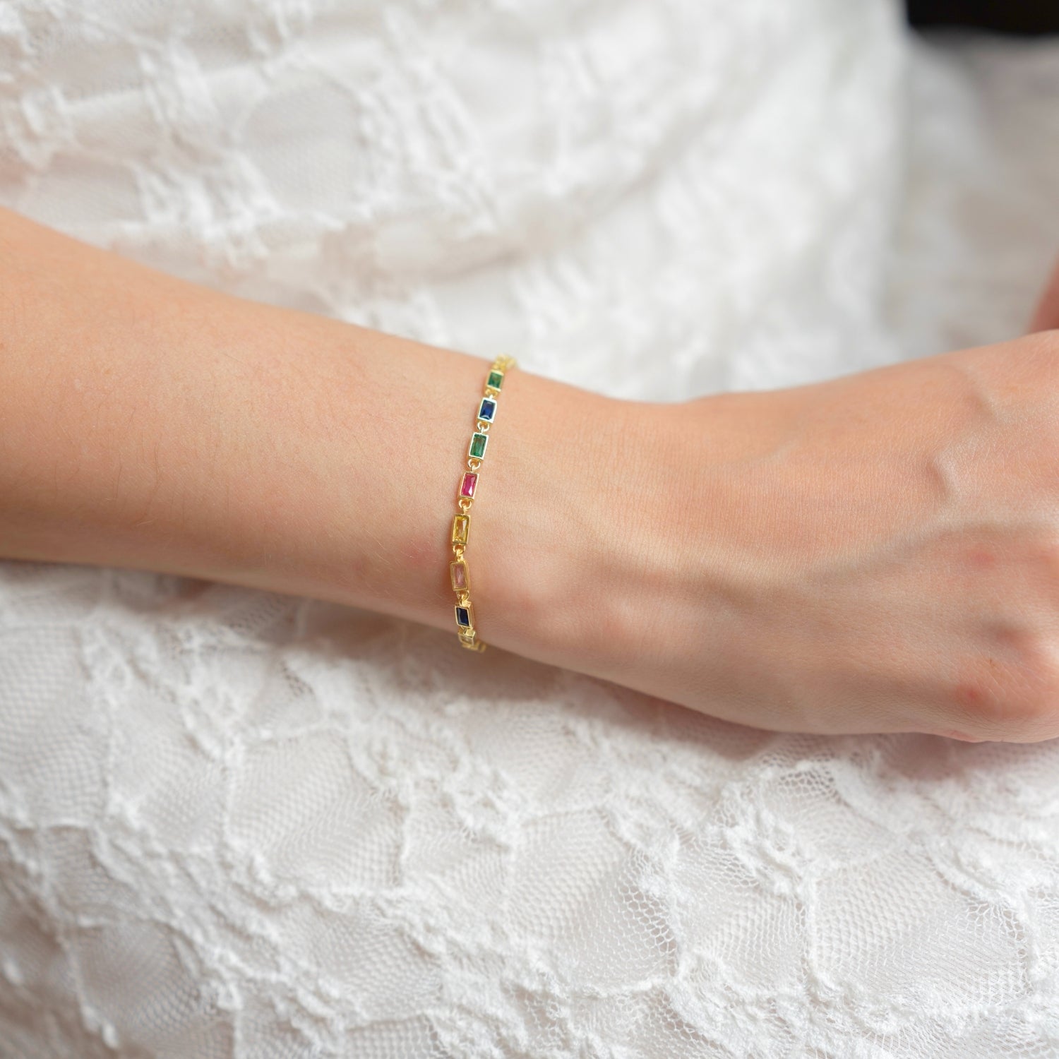 Sterling Silver Rectangular Multicolor Emerald Cut Bracelet