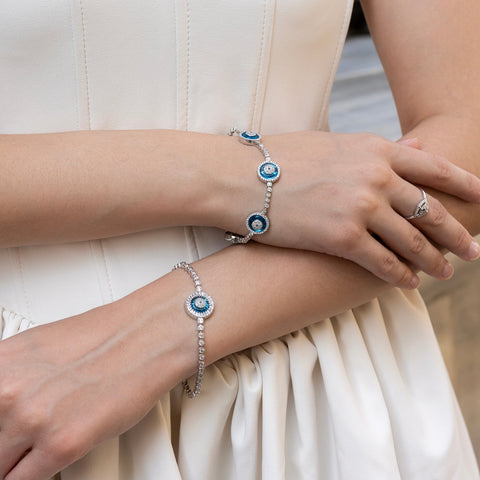 Round Bezel Evil Eye Sterling Silver Tennis Bracelet